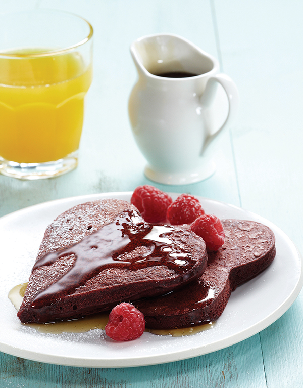Cocoa-Kissed Red Velvet Pancakes Image With Recipe, show off the love with these awesome chocolare red velvet pancakes.