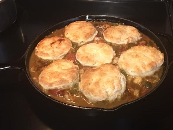 Biscuit Topped Seafood Gumbo Recipe. Shrimp, sausage, seasonings and more.