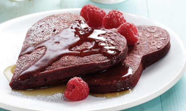 Cocoa-Kissed Red Velvet Pancakes Recipe.