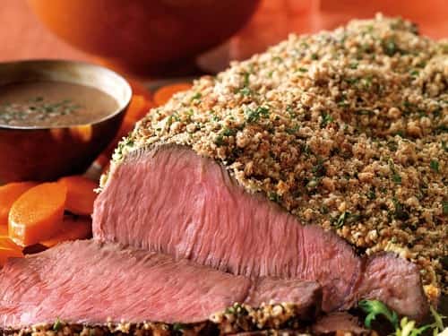 Crumb-Crusted Top Sirloin & Roasted Potatoes with Bourbon Sauce