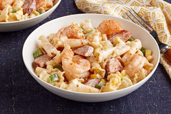 Easy Cajun-Shrimp Pasta for Two, made with shrimp, andouille sausage, pasta, cheese and more.