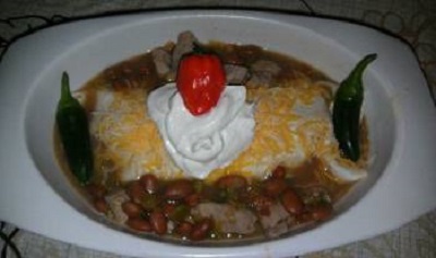 Aunt Mary's Green Chili Stew, Served over Burritos